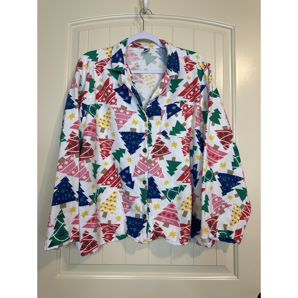 Old Navy Women's Size XXL 2X Flannel Button Front Pajama Top Christmas Trees